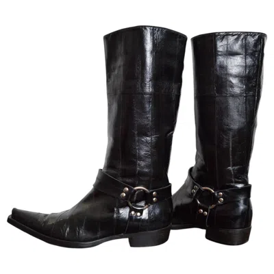 Pre-owned Sergio Rossi Black Eel Skin Leather Pointed Cowboy Boots Eu 37.5