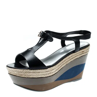 Sergio Rossi Black Leather Ankle Strap Wedge Sandals In Multi