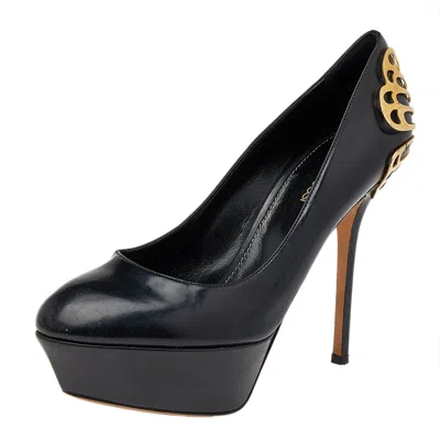 Sergio Rossi Black Leather Butterfly Plaque Platform Pumps