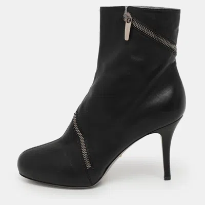 Sergio Rossi Black Leather Spiral Zip Ankle Heel Boots