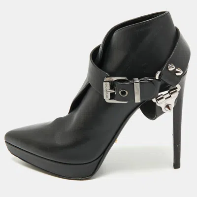 Pre-owned Sergio Rossi Black Leather Studded Ankle Length Platform Boots Size 38