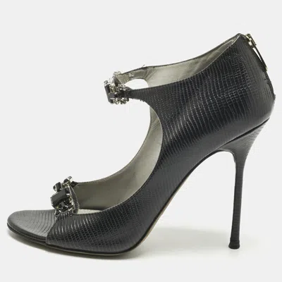 Pre-owned Sergio Rossi Black Lizard Embossed Leather Open Toe Sandals Size 37.5