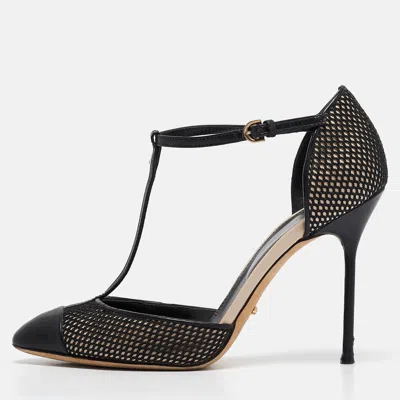 Pre-owned Sergio Rossi Black Mesh And Leather Mary Jane Pumps Size 36.5