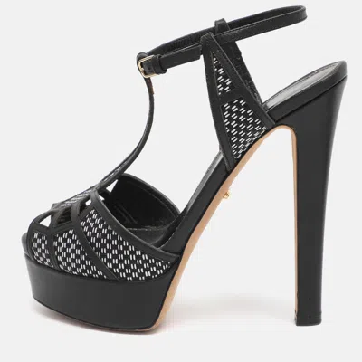 Sergio Rossi Black Monochrome Leather And Straw Platform Sandals In Animal Print