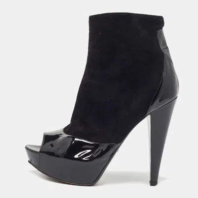 Sergio Rossi Black Patent And Suede Leather Baltimora Peep Toe Platform Ankle Boots In Multi