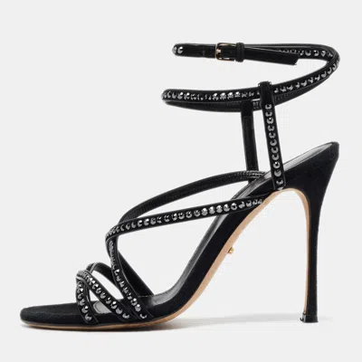 Pre-owned Sergio Rossi Black Patent Leather And Suede Crystals Embellished Ankle Wrap Sandals Size 36