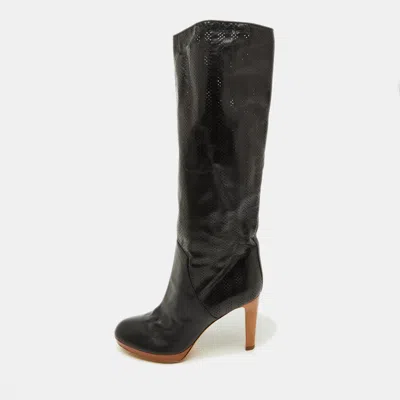 Pre-owned Sergio Rossi Black Perforated Leather Calf Length Boots Size 38.5