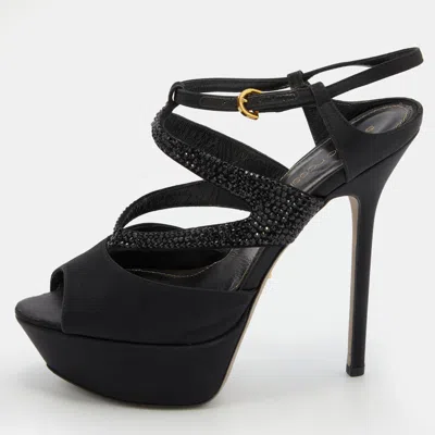 Sergio Rossi Black Satin And Leather Crystal Embellished Platform Sandals