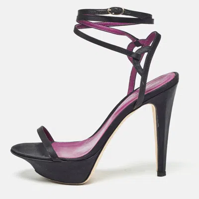 Pre-owned Sergio Rossi Black Satin Ankle Strap Platform Sandals Size 37.5