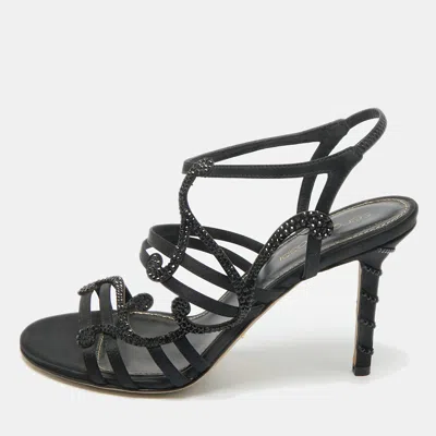 Sergio Rossi Black Satin Crystal Embellished Ankle Strap Sandals