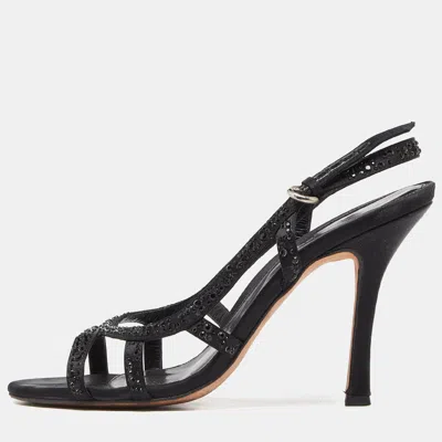 Pre-owned Sergio Rossi Black Satin Crystal Embellished Ankle Strap Sandals Size 37.5