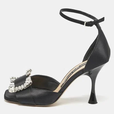 Pre-owned Sergio Rossi Black Satin Crystal Embellished Ankle Strap Sandals Size 38