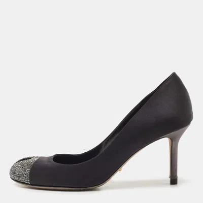 Sergio Rossi Black Satin Crystal Embellished Cap Toe Pumps In Gray