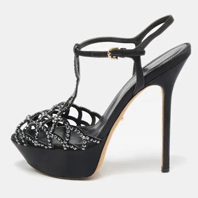 Pre-owned Sergio Rossi Black Satin Crystal Embellished Strappy Platform Sandals Size 37.5