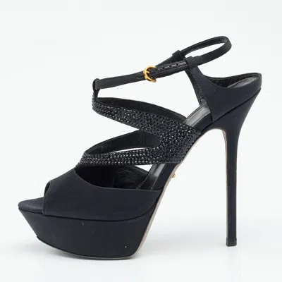 Sergio Rossi Black Satin Embellished Ankle Strap Sandals