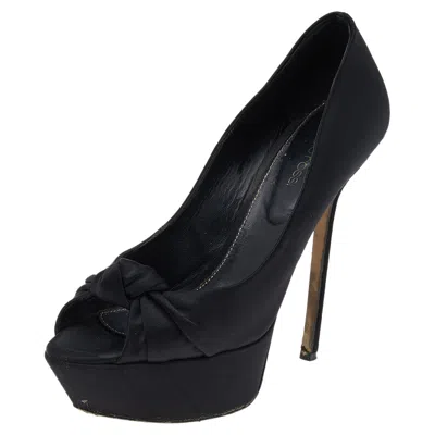 Sergio Rossi Black Satin Knotted Peep Toe Platform Pumps