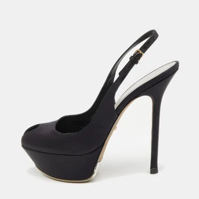Sergio Rossi Black Satin Slingback Peep Toe Pumps