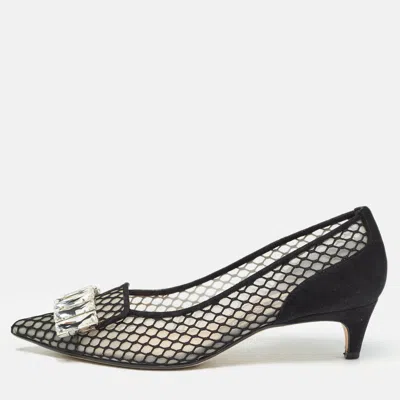 Pre-owned Sergio Rossi Black Suede And Mesh Crystals Pumps Size 37
