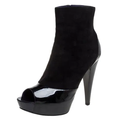 Sergio Rossi Black Suede And Patent Leather Peep Toe Platform Booties