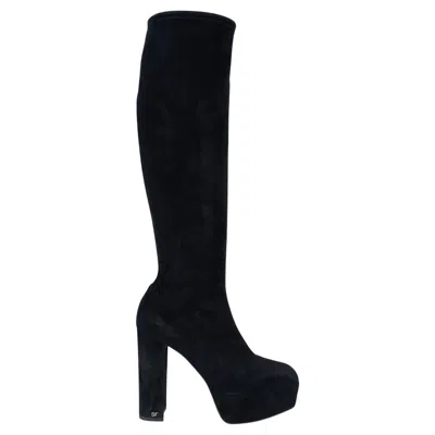 Pre-owned Sergio Rossi Black Suede Block Heel Platform Over-knee Boots Shoes 37