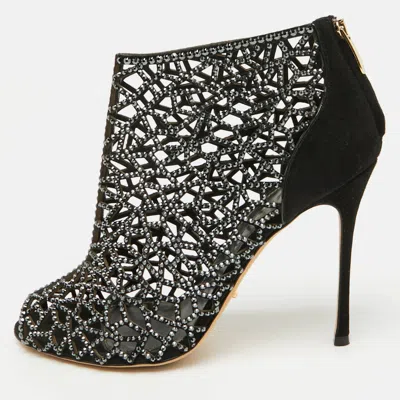 Pre-owned Sergio Rossi Black Suede Crystal Embellished Peep Toe Caged Booties Size 37.5