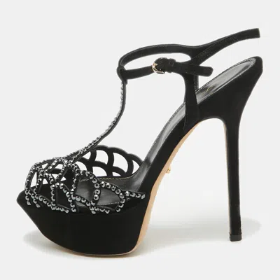Pre-owned Sergio Rossi Black Suede Crystal Embellished Platform Ankle Strap Sandals Size 35.5