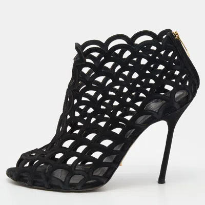 Pre-owned Sergio Rossi Black Suede Cut Out Open Toe Ankle Length Booties Size 36