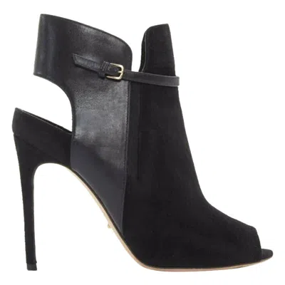 Pre-owned Sergio Rossi Black Suede Leather Strap Buckle Peep Toe Heel Ankle Bootie Eu37