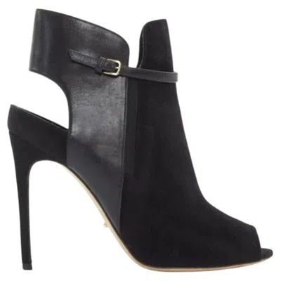 Pre-owned Sergio Rossi Black Suede Leather Strap Buckle Peep Toe Heel Ankle Bootie Eu37