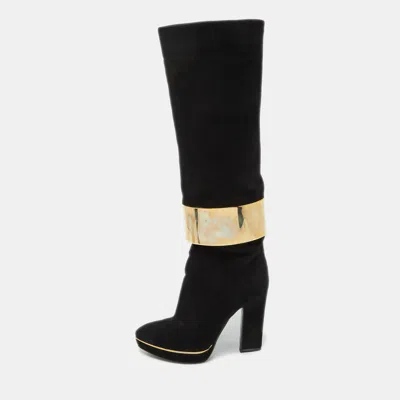 Sergio Rossi Black Suede Metal Cuff Platform Knee Length Boots In Multi