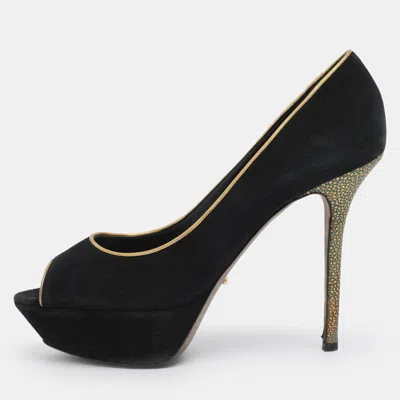 Sergio Rossi Black Suede Peep Toe Platform Pumps