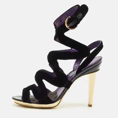 Pre-owned Sergio Rossi Black Velvet Strappy Sandals Size 38.5