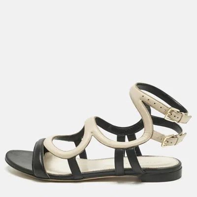 Pre-owned Sergio Rossi Black/cream Leather Ankle Strap Flat Sandals Size 39