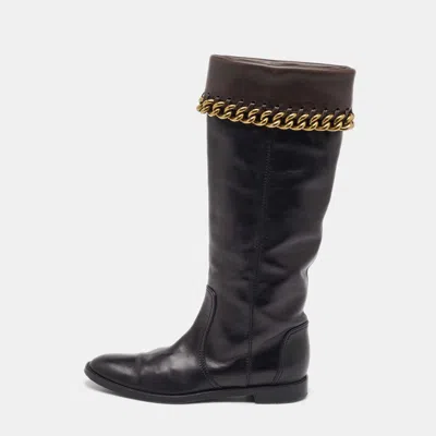 Sergio Rossi Black/dark Brown Leather Chain Detail Calf Length Boots In Multi