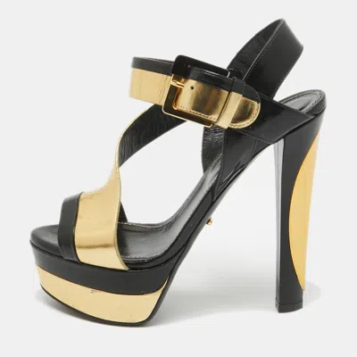 Pre-owned Sergio Rossi Black/gold Leather Platform Ankle Strap Sandals Size 35.5