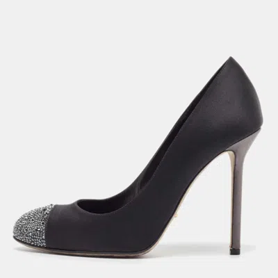 Pre-owned Sergio Rossi Black/grey Satin Crystal Embellished Peep Toe Pumps Size 38.5