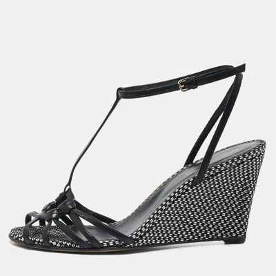 Pre-owned Sergio Rossi Black/white Leather Wedge Sandals Size 38.5