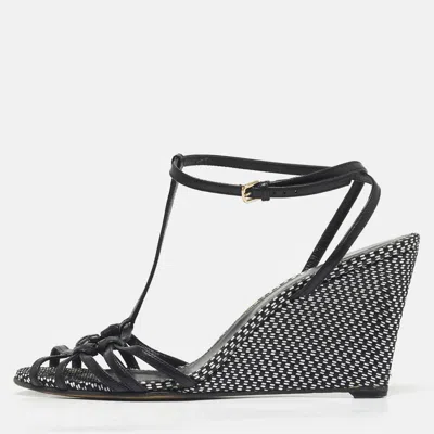 Pre-owned Sergio Rossi Black/white Raffia Ankle Strap Wedge Sandals Size 38.5
