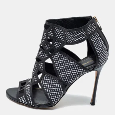 Sergio Rossi Black/white Woven Straw And Leather Cutout Ankle Boots