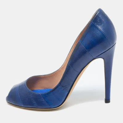 Pre-owned Sergio Rossi Blue Eel Leather Peep Toe Pumps Size 37.5