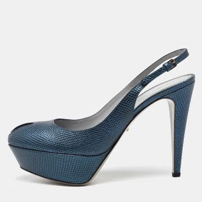 Pre-owned Sergio Rossi Blue Iguana Embossed Leather Platform Slingback Pumps Size 39.5