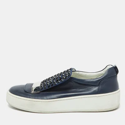 Sergio Rossi Blue Leather And Suede Crystal Embellished Sr1 Low Top Sneakers