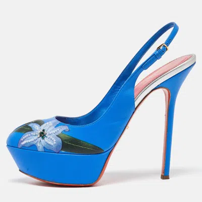 Sergio Rossi Blue Leather Peep Toe Platform Slingback Pumps
