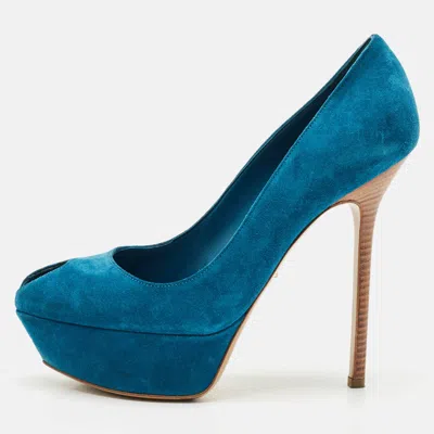 Pre-owned Sergio Rossi Blue Suede Peep Toe Platform Pumps Size 38.5