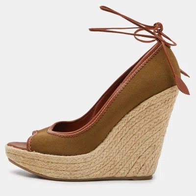 Sergio Rossi Brown Canvas Espadrille Wedge Ankle Tie Sandals