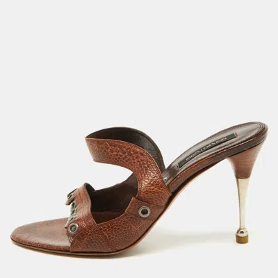 Pre-owned Sergio Rossi Brown Croc Embossed Leather Slide Sandals Size 39