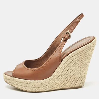 Pre-owned Sergio Rossi Brown Leather Espadrille Wedge Slingback Sandals Size 41