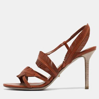 Pre-owned Sergio Rossi Brown Leather Leaf Detail Slingback Sandals Size 37