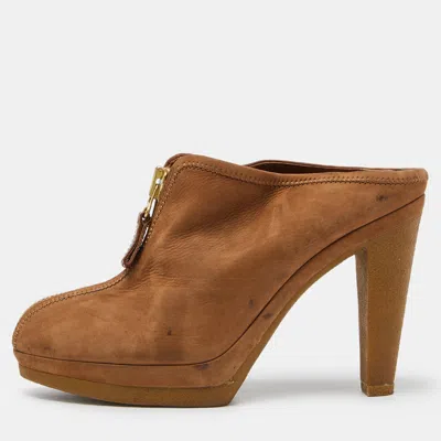 Sergio Rossi Brown Nubuck Leather Zip Platform Mules