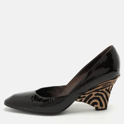 Sergio Rossi Brown Patent Leather Wedge Pumps In Black